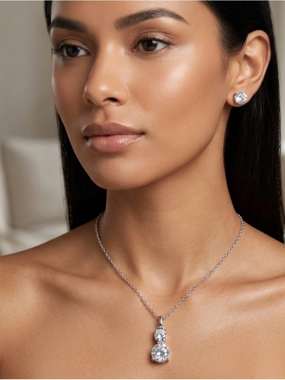 Swarovski Crystal Elements Double Stone Necklace & Earring Set Silver Overlay